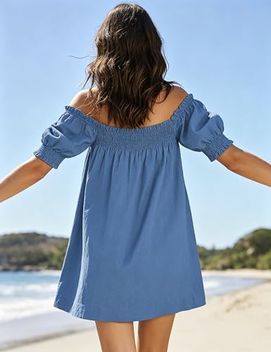 Image of Huaqiao Womens Summer Mini Dress 2026 A-Line Square Neck Puff Sleeve Beach Sundress Casual Short Dress with Pockets