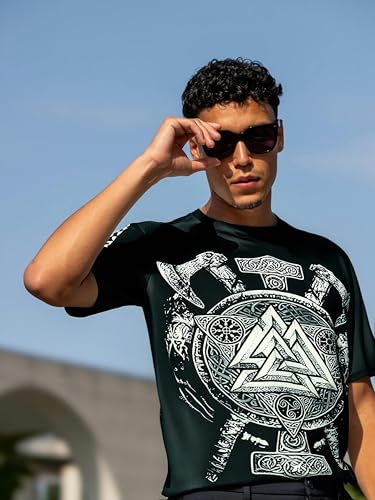 Viking Warrior T-Shirt Norse Mythology Nordic Rune Graphic Tee Odin Symbol Apparel Medieval Axe Shield Design,M-3XL3