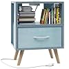 Night stand with charging station blue kids nightstand with drawer 2 tier nursery bedside table with usb ports and outlets end table for small space living room bedroom  urban country home decor