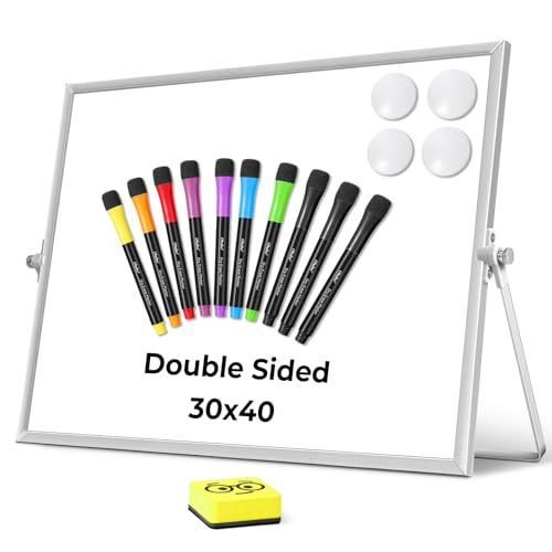 Pizarra blanca pequeña Ohuhu de borrado en seco, tamaño A3, con 10 bolígrafos, 4 imanes y 1 borrador, 40 x 30 cm, pizarra blanca magnética de escritorio de doble cara con soporte, para pared, dibujo,