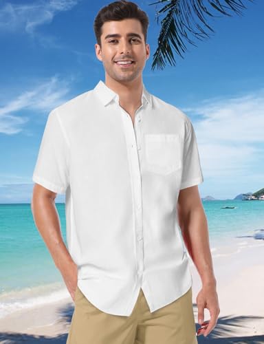 Mens Linen Shirt, Casual Button Up Down Shirts for Men, Beach Short Sleeve Essential Business Top for Summer2