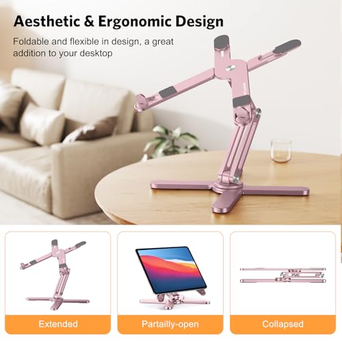 Image of OMOTON 360 Rotating Laptop Stand Riser for Desk, Ergonomic Foldable Computer Stand Adjustable Height Angles for Collaborative Work, Easy Storage Fit Macbooks,All Laptops up to 16 inches, Pink