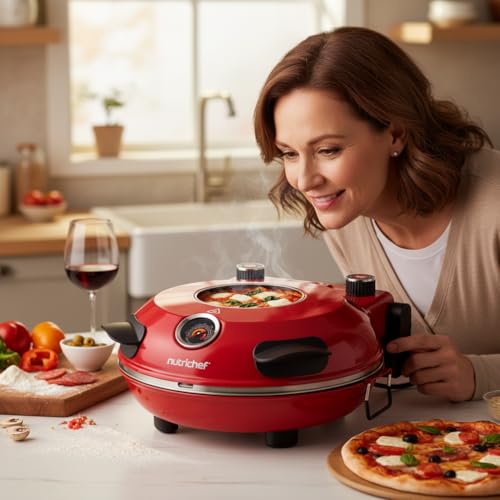 NutriChef Electric Pizza Oven | 1200W Countertop Pizza Maker with Temperature Control & Thermometer | Viewing Window for Precise Cooking | Heats up to 800˚F | Easy to Clean Non-Stick Coating | Red by NutriChef - Image 4