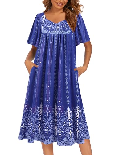 Image of Ekouaer Women's House Dress - Pleated Nightgown with Short Sleeves & Pockets
