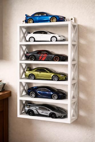 Image of 5-Car Display Rack - Premium Matte Black Tabletop Organizer with Tire Slots & Side Guards for 1:64 Scale Diecast Cars (Hot Wheels, Matchbox, Tomica,)(NO CAR INCLUDED) (White)
