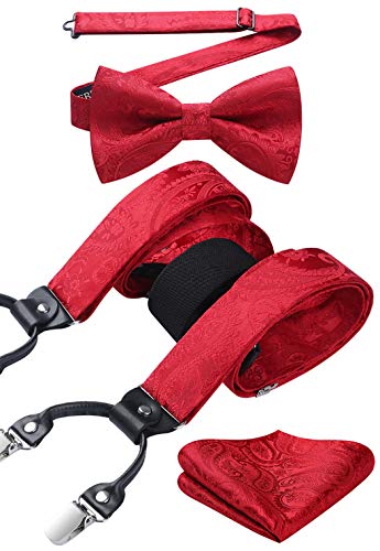 Image of HISDERN Suspenders for Men Paisley Floral Bow tie Suspender Pocket Square Sets Adjustable Y Shape 6 Clips Wedding Braces