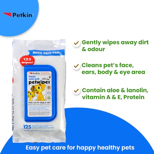 Image of Petkin Petwipes Mega-Value Pack for Dogs and Cats, Wipes Away Daily Dirt and Odor, Cleans Face, Ears, Body and Eye Area, Super Convenient, Ideal for Home or Travel 125 Wipes