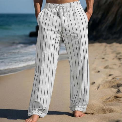 Men's Linen Pants Straight-Legs Casual 3D Printed Elastic Waist Drawstring Baggy Summer Trousers with Pockets3