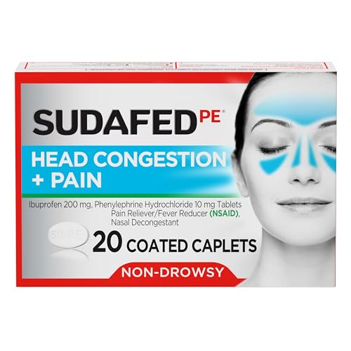 Sudafed PE Non-Drowsy Head Congestion + Pain Relief Caplets with Ibuprofen 200 mg & Phenylephrine HCl 10 mg Nasal Decongestant & NSAID Pain Reliever & Fever Reducer 20 ct