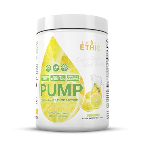 Image of Sweat Ethic Pump Pre Workout Powder, Caffeine Free Pre Workout with Citrulline Malate, Betapower, Beta Alanine, Capros Indian Gooseberry, and Alpha Gpc, Easy to Mix, Lemonade Flavor, 42 Servings