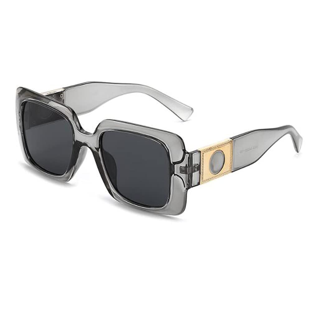 Womens UV Anti-UV Sunglasses with Metal Hinged Square Big Frame Sunglasses Gray Frame Black Gray Flakes