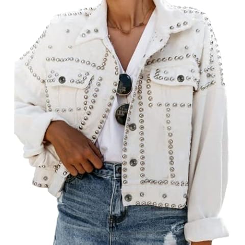 PUWEI Dressy Rivet Studded Denim Jacket for Women Western Distressed Washed Crop Jean Coat(2492-White-L) Cover