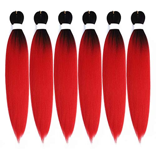 Valentines Day Gifts Aigemei Pre-stretched Braiding Hair Yaki Texture Hot Water Setting Synthetic Fiber Crochet Braiding Hair Extension 6 Packs 24 Inch(T1B/Burgundy)