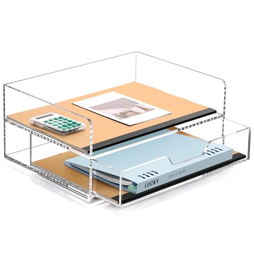 SANRUI Desk Organizer with Sliding Drawer Desk Organizers and Accessories for Office Organization and Storage, Acrylic File Organizer Drawer Stackable 2-Tier Paper Organizer,Clear