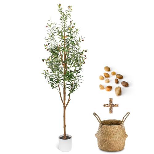 LuceAlberi 6FT Artificial Olive Tree - Indoor Tall Faux Olive Trees with Planter&Basket, Large Fake...