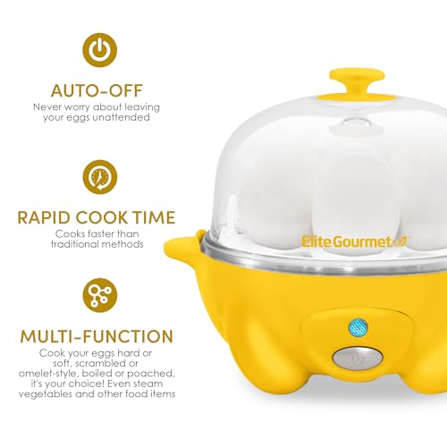 Image of Elite Gourmet Easy Electric 7 Egg Capacity Soft, Medium, Hard-Boiled Cooker Poacher, Scrambled, Omelet Maker with Auto Shut-Off and Buzzer, BPA Free