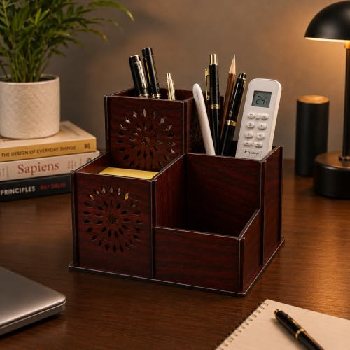 Image of Zesta Wooden Desk Organizer Pen Stand Remote Holder Card Slot | Table Accessory Office Desk Study Room | Pencil Storage Stand Stylish Workspace Decor (Rosewood, 4 Compartment Organiser)