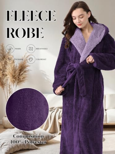 Image of Hellomamma Long Hooded Robe for Women Luxurious Flannel Fleece Full Length Bathrobe Winter Warm Pajamas Shower Nightgown