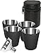 Outdoor Saxx® - 6-teiliges Edelstahl-Becher, Trink-Becher Set, 4 Schnaps-Becher Schnaps-Gläser aus Metall, Metall-Becher mit Leder-Tasche, Einfüll-Trichter, ideales Flachmann-Zubehör, schwarz