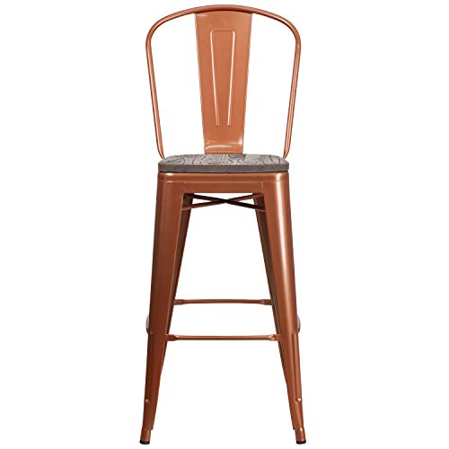 Butaco de bar estilo bistró EMMA + OLIVER con asiento de madera y estructura metálica en cobre, altura 46 pulgadas, uso comercial e interior miniatura 4