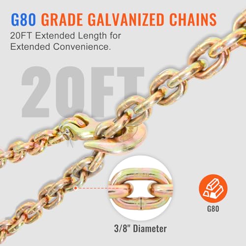 VEVOR 3/8"-1/2" Ratchet Chain Binder with Chain, G80 12000 lbs Secure Limit, Heavy Duty Load, Labor-Saving Anti-Skid Handle, Tie Down Hauling Chain Binders for Flatbed Truck Trailer, 2 Set & Yellow