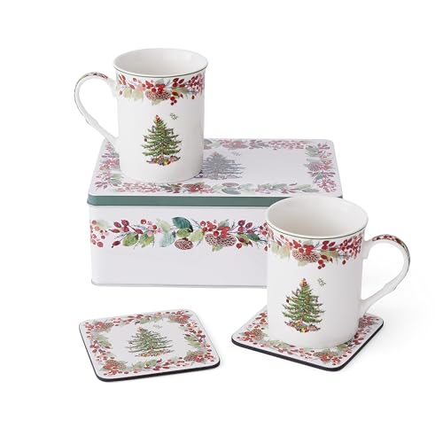 Spode Christmas Tree 5-Piece Mug & Tin Set - Porcelain Mugs & Cork Coasters, Ideal for Hot Beverages, Holiday Gift & Seasonal Display - For Breakfast Coffee, Cookies, Tableware Decor