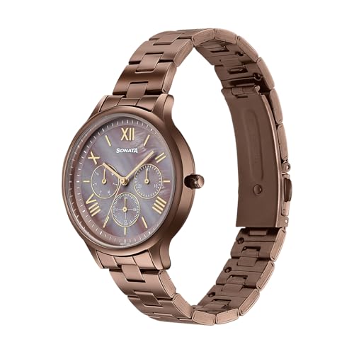 Image of Sonata Axis with Quartz Analog Brown MOP Premium Multifunction Design Dial IP Brown Strap Watch for Women - 87119QM02