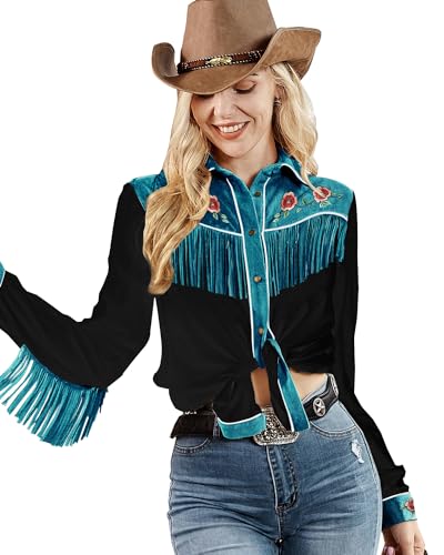 JOHN MOON Womens Fringe Western Long Sleeve Shirts Floral Embroidered Cowgirl Button Down Shacket Blouse Country Rodeo Outfit