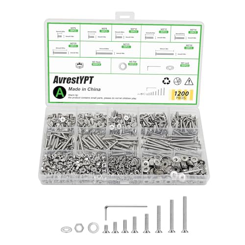 AvrestYPT 1200 Pcs Countersunk Head Hexagon Socket Screws Bolts and Nuts and Washers Assortment Kit, M3 Metric Stainless Steel Bolts and Machine Screws and Nuts and Washers Set for Home Industrial