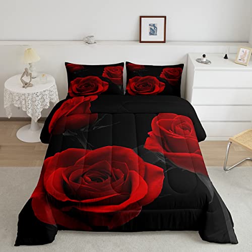 Image of Feelyou Red Roses Bedding Set Luxury Rose Floral Comforter Set for Girls Women Couple Lover Romantic Flowers Comforter Valentine's Day Duvet Set Red Black Bedroom Decor Quilt Set 3Pcs Queen Size
