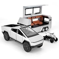 TGRCM-CZ 1/32 Tesla Cybertruck Elektro Pick Up Truck RV Modell Auto mit einem Motorrad, Zink Legierung Pull Back Motorhome Spielzeug Auto mit Ton und Licht für Kinder Jungen Mädchen Geschenk(Silber)