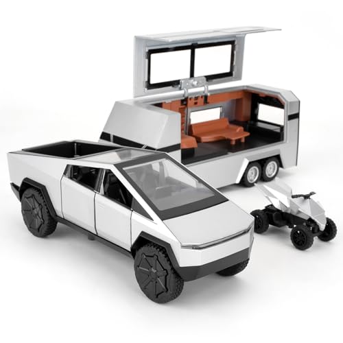 TGRCM-CZ 1/32 Tesla Cybertruck Elektro Pick Up Truck RV Modell Auto mit einem Motorrad, Zink Legierung Pull Back Motorhome Spielzeug Auto mit Ton und Licht für Kinder Jungen Mädchen Geschenk(Silber)
