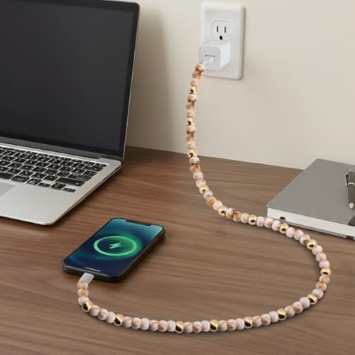 Image of Stylish Beaded Phone Charger Cable Colors USB Charging Cord for Smartphones (2-1 to USB C, Marble & Gold, 6.6ft)