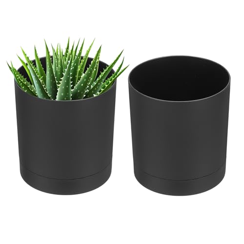 PATIKIL Macetas de plástico de 10 cm, paquete de 2 macetas pequeñas con agujeros de drenaje y platillo para decoración del hogar, plantas de interior, color negro