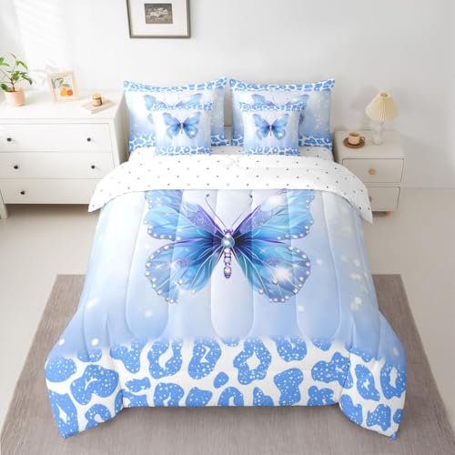 Image of Feelyou Cute Butterfly Comforter Set with Sheets 7 Piece Twin Size Leopard Print Bed in a Bag Kids Boys Girls Butterflies Print Bedding Set Glitter Dreamy Princess Soft