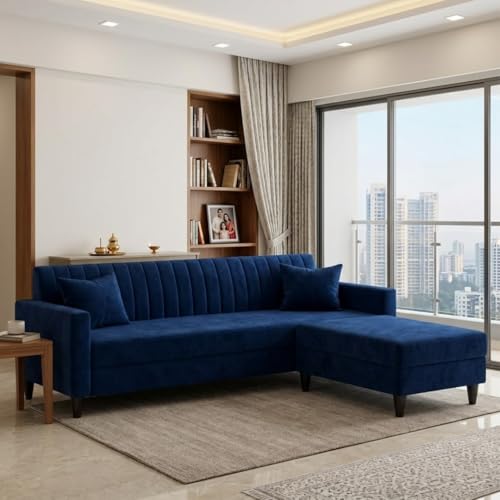 Image of FURNY Avvono 4 Seater L Shape Sofa Set with Movable Ottoman | Flexible Left or Right Layout | Plush Velvet Fabric (Blue) | Perfect for Living Room, Guest Room & Office
