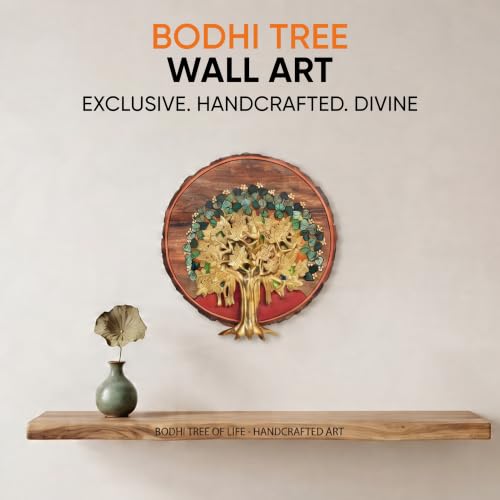 Image of AAKRITI ART CREATIONS Bodhi Tree Wall Art, Handcrafted Wooden Tree of Enlightenment Decor, Dhokra Art Set of 1 Multi Color | Matte Finish Mango Wood | Home Items for Living Room, Bedroom, Office