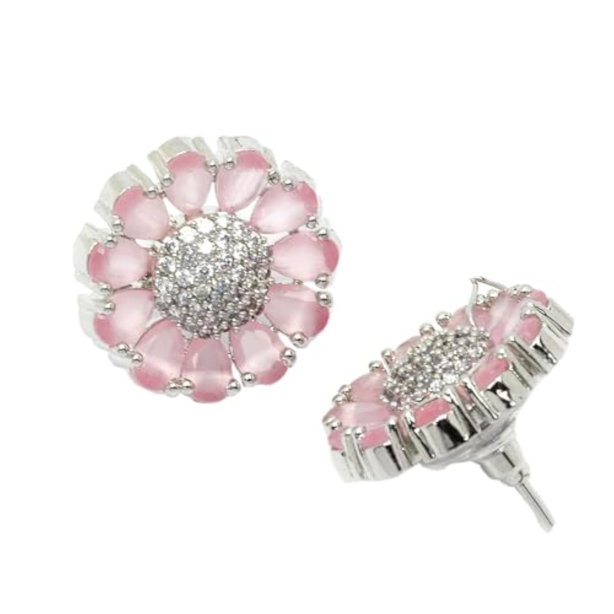 Rhodium-Plated Floral Stud Earrings with American Diamonds