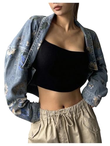 WDIRARA Women's Floral Print Open Front Cropped Denim Jacket Y2k Long Sleeve Jean Coat