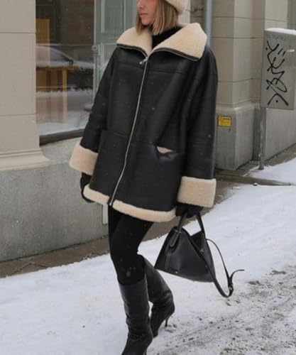 Women's Faux Shearing Moto Bomber Jacket Sherpa-Lined Coat Winter Aviator Leather Coat Outerwear3