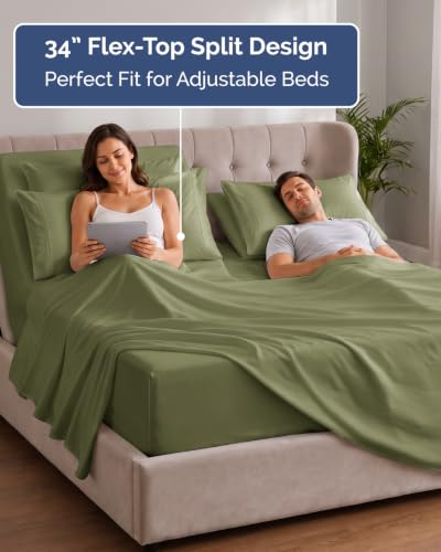 Image of Extra Deep Flex Top Split Head King Sheet Set - 6 Piece Breathable and Cooling Sheets - Hotel Luxury Bedding for Women, Men, Kids & Teens - Easy Secure Fit - Extra Deep Pockets - Sage Green