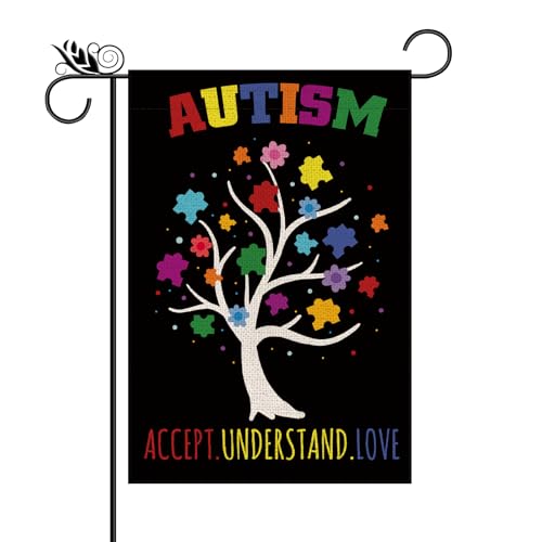 Autism Awareness Garden Flag Colorful Puzzle Piece Inspirational Support Tree Vertical Double Sized Yard Outdoor Decorations 12.5 x 18 Inch