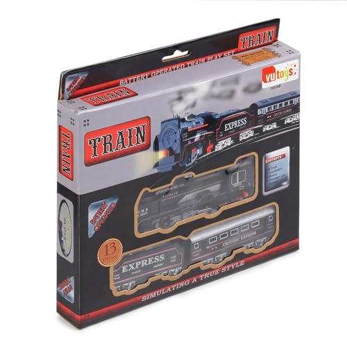 Image of VU Toys Small Black Train 19026B (3+ Years) - Battery Operated Steam Engine with Coal & Passenger Coach 10 (30 Inch) Round Track - Vintage Style Toy Train with Lights & Sound for Kids