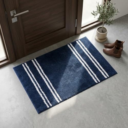 Image of DecorTwist Mosaic Super Soft Microfibre Bath Mat | 2000 GSM Anti-Skid, Quick Dry & Water Absorbent | Non-Slip Mat for Bathroom, Bedroom & Kitchen Floor | 60x40 cm | Style 1 Navy Blue| Pack of 1