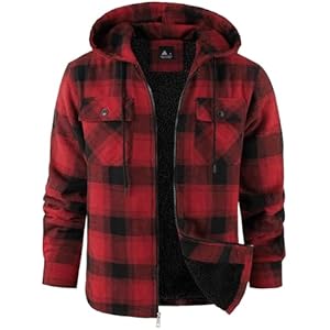ZITY Men's Flannel Hooded Jacket Fleece Sherpa Lined Plaid Shirts Jackets Zip Up Sweatshirt Hoodies for Men with 4 Pockets Large Red