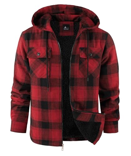 Image of ZITY Men's Flannel Hooded Jacket Fleece Sherpa Lined Plaid Shirts Jackets Zip Up Sweatshirt Hoodies for Men with 4 Pockets