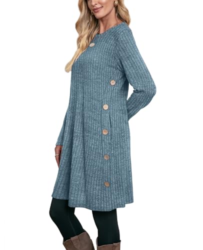 OFEEFAN Long Sleeve Dress for Women Tunic Sweater Dresses Fall Dresses 2025 Blue S4