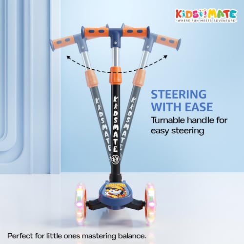 Image of Kidsmate Flashwheel Kick Scooter for Kids with LED Wheels | 3-Wheel Skate Scooter for Boys & Girls of Ages 2-12 Years | 5-Level Adjustable Height, and Easy Fold Design Scooter for Kids (Blue Orange)