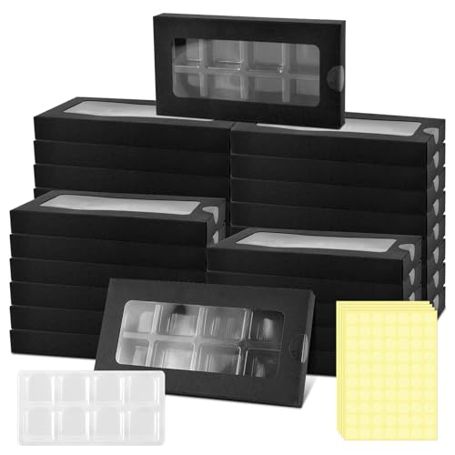50 Pcs Gift Boxes for Wax Melts Plastic Mold with Box Wax Melt Boxes Crystal Clear Wax Melt Molds Wax Melts Containers for Wax Cubes Wax Tarts Wax Block (8 Cavity, Black)