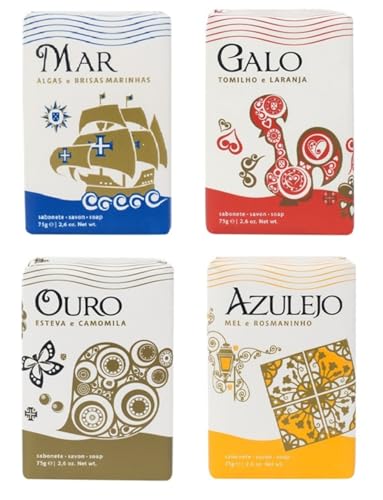Juego de jabón Brito 'Símbolos Lusitanos', 4 unidades (4 x 75 g = 300 g): Mar, Azulejo, Ouro & Galo – Jabón perfumado portugués, jabón sólido para manos y cuerpo, set de regalo